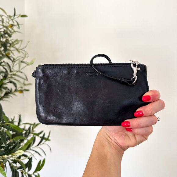 Coach Leather Zip-Around Detachable Wristlet Strap Clutch Black - Picture 1 of 5